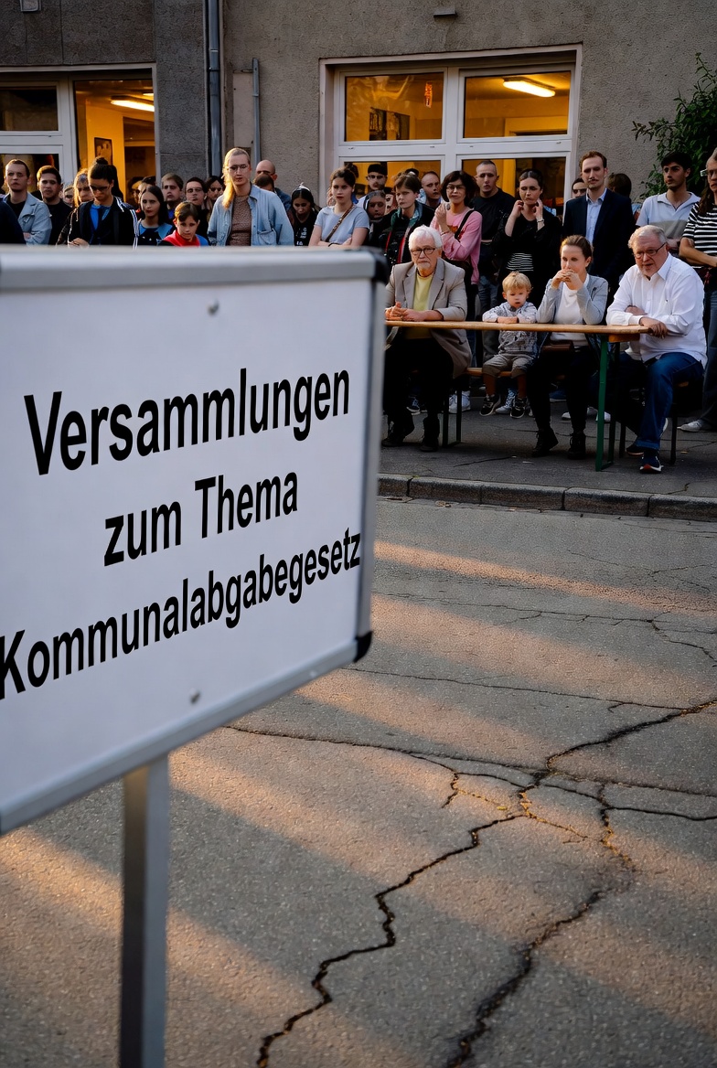 ein bild auf dem ein schild links vorne zu sehen ist.auf diesem steht Versammlungen zum Kommunalenabgabegesetz