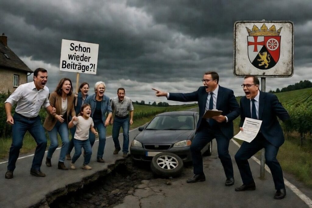 ein Bild auf dem Politiker von Bürgern auf einer aufgerissenen Strasse Gelder einfordern. Weiter ist ein Bürger hält ein Schild hoch worauf steht: schon wieder Beiträge? was eine Andeutung auf die wiederkehrenden Straßenbau Beiträge in Rheinland-Pfalz anspielt